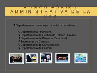 Departamentos que apoyan la actividad académica: Departamento Financiero. Departamento de Gestión de Talento Humano. Departamento de Bienestar Estudiantil. Secretarias de Campus. Departamento de Comunicación. Departamento de Pastoral. 