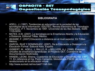 BIBLIOGRAFIA
• ADELL, J. (1997). Tendencias en educación en la sociedad de las
tecnologías de la Información. EDUTEC. Revista Electrónica de Tecnología
Educativa, nº 7. Noviembre de 1997. Universitat de les Illes Balears. ISSN:
1135-9250.
• BATES. A.W. (2007). La tecnología en la Enseñanza Abierta y la Educación
a Distancia. Editorial Trillas. México.
• BASABE, F. (2007) Educación a distancia en el nivel superior. Ed Trillas.
México.
• GARCÍA, RUIZ Y DOMINGUEZ. (2007). De la Educación a Distancia a la
Educación Formal. Editorial Ares. España
• GISBERT, M., ADELL, J, RALLO, R. y BELLVER, A.J. (1998). Entornos
virtuales de enseñanza-aprendizaje: el Proyecto GET. Cuadernos de
Documentación Multimedia.
• HANDEL LEONI, Sheina. Cuadernos de Educación y Desarrollo Vol. 2 Nº
11. En referencia al Ing. Pedro Camacho. Metodología PACIE: un cambio
revolucionario en la educación virtual.
• http://www.eumed.net/rev/ced/11/slh.htm
 