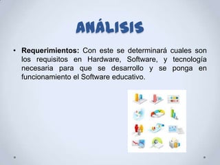 ANÁLISIS
• Requerimientos: Con este se determinará cuales son
  los requisitos en Hardware, Software, y tecnología
  necesaria para que se desarrollo y se ponga en
  funcionamiento el Software educativo.
 