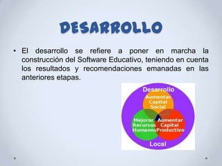 DESARROLLO
• El desarrollo se refiere a poner en marcha la
  construcción del Software Educativo, teniendo en cuenta
  los resultados y recomendaciones emanadas en las
  anteriores etapas.
 