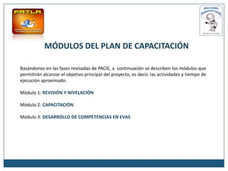 MÓDULOS DEL PLAN DE CAPACITACIÓN

Basándonos en las fases revisadas de PACIE, a continuación se describen los módulos que
permitirán alcanzar el objetivo principal del proyecto, es decir, las actividades y tiempo de
ejecución aproximado.

Módulo 1: REVISIÓN Y NIVELACIÓN

Módulo 2: CAPACITACIÓN

Módulo 3: DESARROLLO DE COMPETENCIAS EN EVAS
 