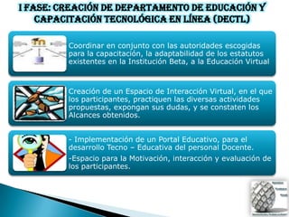I Fase: Creación de Departamento de Educación y
    Capacitación Tecnológica en Línea (DECTL)

         Coordinar en conjunto con las autoridades escogidas
         para la capacitación, la adaptabilidad de los estatutos
         existentes en la Institución Beta, a la Educación Virtual



         Creación de un Espacio de Interacción Virtual, en el que
         los participantes, practiquen las diversas actividades
         propuestas, expongan sus dudas, y se constaten los
         Alcances obtenidos.


         - Implementación de un Portal Educativo, para el
         desarrollo Tecno – Educativa del personal Docente.
         -Espacio para la Motivación, interacción y evaluación de
         los participantes.
 
