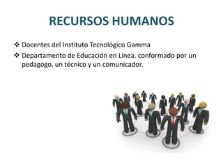 RECURSOS HUMANOS
 Docentes del Instituto Tecnológico Gamma
 Departamento de Educación en Línea. conformado por un
  pedagogo, un técnico y un comunicador.
 