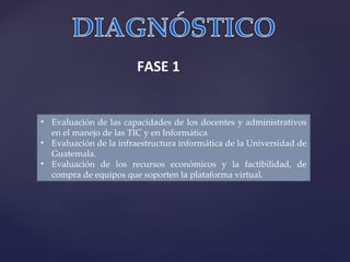 Evaluación de las capacidades de los docentes y administrativos en el manejo de las TIC y en Informática Evaluación de la infraestructura informática de la Universidad de Guatemala. Evaluación de los recursos económicos y la factibilidad, de compra de equipos que soporten la plataforma virtual. FASE 1 