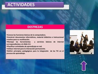 ACTIVIDADES



                         DESTREZAS

Conoce las funciones básicas de la computadora.
Construir documentos informáticos, material didáctico e instruccional
creativo para su reutilización.
Manejar las herramientas            y servicios básicos de internet
correspondientes a la Web 2.0.
Planificar actividades de aprendizaje en red.
Utilizar internet para la interacción permanente.
Definir principios pedagógicos para la integración de las TIC en el
proceso de aprendizaje.
 