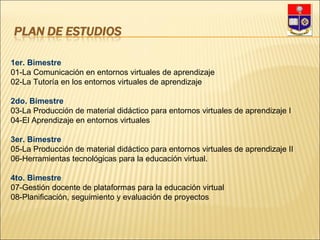 1er. Bimestre 01-La Comunicación en entornos virtuales de aprendizaje  02-La Tutoría en los entornos virtuales de aprendizaje  2do. Bimestre 03-La Producción de material didáctico para entornos virtuales de aprendizaje I  04-El Aprendizaje en entornos virtuales  3er. Bimestre 05-La Producción de material didáctico para entornos virtuales de aprendizaje II  06-Herramientas tecnológicas para la educación virtual.  4to. Bimestre 07-Gestión docente de plataformas para la educación virtual  08-Planificación, seguimiento y evaluación de proyectos   