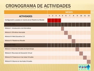 CRONOGRAMA DE ACTIVIDADES
                                                                               MESES
                                                           1   2   3   4   5   6   7   8   9   10   11   12
                     ACTIVIDADES
Configuración y puesta en marcha de la Plataforma Moodle

PRIMERA FASE:

Módulo I: Introducción a la Informática

Módulo II: Ofimática Avanzada

Módulo III: Web Educativa 2.0

Módulo IV: Plataforma Moodle

SEGUNDA FASE:

Módulo I: Entornos Virtuales de Aprendizaje

Módulo II: Recursos de Educación Virtual

Módulo III: Presencia en las Aulas Virtuales

Módulo IV: Alcance en las Aulas Virtuales
 