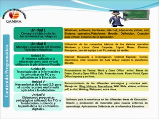 Contenido Programático : Utilización de los comandos básicos de los sistema operativo Windows y Linux: Crear Carpetas, Copiar, Mover, Eliminar, Recuperar, uso del equipo o mi Pc, manejo de ventas Windows, software, hardware, Internet, educación virtual, red, Sistema operativo, Plataforma Moodle: Definición. Creación aula virtual. Entorno de la aplicación . Internet: Búsqueda e investigación, Internet Explorer, Correo electrónico, chat. Creación del Aula Virtual usando la plataforma Moodle.   Reconocimiento de las diferentes estrategias y recursos web.  Manejo de:  Blog, bitácora ,  Buscadores , Wiki, Slide, videos, archivos pdf, scribd, Weblog, Webquest, entre otras. Software para la enseñanza en las diferentes áreas de Educación. Diseño y producción de materiales para nuevos entornos de aprendizaje. Aplicaciones Didácticas de la Informática Educativa. Procesadores de Textos: Word y Open Office  writer. Bases de Datos: Excel y Open Office Calc. Presentaciones: Power Point, Open Office Impress y en línea. INSTITUTO TECNOLOGICO 