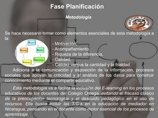Fase Planificación
                               Metodología


Se hace necesario tomar como elementos esenciales de esta metodología a
la:
                      - Motivación,
                      - Acompañamiento,
                      - Riqueza de la diferencia,
                      - Calidad,
                      - Calidez versus la cantidad y la frialdad.
    Adiciona a la comunicación y exposición de la información, procesos
sociales que apoyan la criticidad y al análisis de los datos para construir
conocimiento mediante el compartir educativo.
    Esta metodología va a facilita la inclusión del E-learning en los procesos
educativos de los docentes del Colegio Omega, evitando el fracaso clásico
de la preocupación tecnológica y el descuido pedagógico en el uso de
recursos. Ella busca incluir las TIC s en la educación de mediador en
Nicaragua, pensando en el docente como motor esencial de los procesos de
aprendizaje.
 