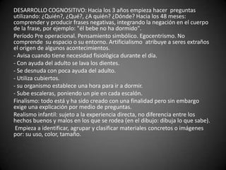 DESARROLLO COGNOSITIVO: Hacia los 3 años empieza hacer preguntas
utilizando: ¿Quién?, ¿Qué?, ¿A quién? ¿Dónde? Hacia los 48 meses:
comprender y producir frases negativas, integrando la negación en el cuerpo
de la frase, por ejemplo: "él bebe no ha dormido".
Período Pre operacional. Pensamiento simbólico. Egocentrismo. No
comprende su espacio o su entorno. Artificialismo atribuye a seres extraños
el origen de algunos acontecimientos.
- Avisa cuando tiene necesidad fisiológica durante el día.
- Con ayuda del adulto se lava los dientes.
- Se desnuda con poca ayuda del adulto.
- Utiliza cubiertos.
- su organismo establece una hora para ir a dormir.
- Sube escaleras, poniendo un pie en cada escalón.
Finalismo: todo está y ha sido creado con una finalidad pero sin embargo
exige una explicación por medio de preguntas.
Realismo infantil: sujeto a la experiencia directa, no diferencia entre los
hechos buenos y malos en los que se rodea (en el dibujo: dibuja lo que sabe).
 Empieza a identificar, agrupar y clasificar materiales concretos o imágenes
por: su uso, color, tamaño.
 