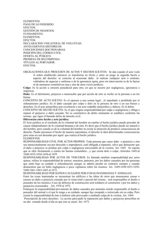 ELEMENTOS.
PAGO DE LO INDEBIDO.
EFECTOS.
GESTIÓN DE NEGOCIOS.
FUNDAMENTO.
ELEMENTOS.
EFECTOS.
DECLARACIÓN UNILATERAL DE VOLUNTAD.
ANTECEDENTES HISTÓRICOS.
CONCEPCIONES DOCTRINARIAS.
POSICIÓN DEL CÓDIGO CIVIL.
OFERTA AL PÚBLICO.
PROMESA DE RECOMPENSA
TÍTULOS AL PORTADOR.
EFECTOS.
OBLIGACIONES QUE PROCEDEN DE ACTOS Y HECHOS ILÍCITOS: Se dan cuando el acto viola
el orden establecido entonces se transforma en ilícito y entra en juego la segunda faceta o
aspecto del derecho: se concreta al ocasionar daño al realizar cualquier acto o contrato,
valiéndose de argucias y sutilezas o de la ignorancia ajena, pero sin intervención ni de la fuerza
ni de amenazas constitutivas una y otra de otros vicios jurídicos.
Culpa: Es la acción u omisión perjudicial para otro, en que se incurre por negligencia, ignorancia e
impericia.
Daño: Es el detrimento, perjuicio o menoscabo que por acción de otro se recibe en la persona o en los
bienes.
CONCEPTO DE ACTO ILÍCITO: Es el opuesto a una norma legal , el reprobado o prohibido por el
ordenamiento jurídico. Es el daño causado por culpa o dolo en la persona de otro o en sus bienes y
derechos. Es el acto antijurídico por excelencia o sea acto culpable antijurídico y dañoso. Es el delito.
CONCEPTO DE HECHO ILÍCITO. Es el que origina responsabilidad por culpa o negligencia y obliga a
reparar el perjuicio o daño causado. No es constitutivo de delito solamente se establece conforme las
normas que rigen el llamado delito de derecho civil.
Diferencias entre hecho y acto jurídico.
El Acto jurídico es el resultado de la voluntad del hombre en cambio el hecho jurídico puede proceder de
causas independientes de la voluntad humana o de ésta. Es decir que el hecho jurídico puede ser natural o
del hombre, pero cuando es de la voluntad del hombre no existe la intención de producir consecuencias de
derecho. Puede ejecutarse el hecho de manera espontánea, el derecho le dará determinadas consecuencias
pero estas no son deseadas por aquel que realiza el hecho jurídico.
ELEMENTOS.
RESPONSABILIDAD CIVIL POR ACTOS PROPIOS. Toda persona que cause daño o perjuicio a otra
sea intencionalmente sea por descuido o imprudencia ,está obligada a repararlo, salvo que demuestre que
el daño o perjuicio se produjo por culpa o negligencia inexcusable de la victima. Art. 1645. Se supone
que se obre ilícitamente o contra las buenas costumbres , y que exista dolo o culpa .Artículos 1645-al
1648-1653-1654-1656-al 1659
RESPONSABILIDAD POR ACTOS DE TERCEROS. Es llamada también responsabilidad por actos
ajenos, refiere la responsabilidad de tutores, maestros, patronos, por los daños causados por las personas
que están bajo su cuidado o subordinación aunque se admite prueba en contrario siempre y cuando
demuestren que no hubo negligencia o poca vigilancia sobre los mismos. Art. 1649-1650-1651-1656-
1660-1661-1663-1665 al 1672.
RESPONSABILIDAD POR DAÑOS CAUSADOS POR COSAS INANIMADAS Y ANIMALES.
Entre las cosas inanimadas se encuentran los edificios o las obras de otros que amenazaren causar o
causen un daño o perjuicio causado por la ruina total o parcial del mismo, será responsables el dueño o
poseedor de los mismos ( Caso de defectos de construcción será solidario el constructor ) por los daños y
perjuicios ocasionados . Art. 1970 al 1972.
Estatuyen la responsabilidad proveniente de daños causados por animales siendo responsable el dueño o
poseedor del animal o el que lo tenga a su cuidado, aunque hay escapado o extraviado sin su culpa. Pero
cesará la responsabilidad de éste si hubiere sido provocado o mediado culpa de la victima. Art. 1669.
Prescripción de estos derechos: La acción para pedir la reparación por daños y perjuicios prescriben en
un año contado desde el día en que este se causó. Art. 1673.
 