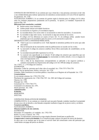 CONTRATO DE SOCIEDAD. Es un contrato por cuya virtud dos o mas personas convienen en dar vida
a una entidad distinta para realizar operaciones de naturaleza exclusivamente civil con el fin de repartirse
las ganancias. Art. 1728.
NATURALEZA JURÍDICA. Es un contrato de gestión según la doctrina pero el código civil lo ubica
entre los contratos preparatorios juntamente con la promesa, la opción y el mandato. Exposición de
motivos Pág. 165.
Diferencia entre asociación y sociedad.
 Suelen usarse como sinónimos.
 Ambas puede realizar actividades lucrativas.
 La asociación es el genero y la sociedad la especie.
 La sociedad afecta a los socios entre sí, la asociación es entre los asociados y la asociación.
 La sociedad es algo entre socios, la asociación es algo por encima de los socios.
 El código civil las diferencia en cuanto al lucro Art. 15, sin embargo ambas pueden lucrar
solamente que en la sociedad es para los socios y en la asociación es para ésta.
DIFERENCIA CON LA SOCIEDAD MERCANTIL.
 Todo lo que no es mercantil es civil. Todo depende la naturaleza jurídica de los actos que cada
una realice.
 Para la formación de las mercantiles están las publicaciones no sucede con las civiles.
 La mercantil el código de comercio establece llevar libros autorizados de contabilidad y en las
civiles no.
 La sociedad mercantil debe registrarse la civil no.
 Lo esencial esta especificado en el artículo 10 del código de comercio que específica que son
sociedades mercantiles Exclusivamente las enumeradas en dicho artículo, si no es ninguna de
estas será lógicamente civil.
 Solo a falta de las disposiciones correspondientes se aplicarán a los negocios jurídicos y
contratos mercantiles las disposiciones del código civil Art. 690 del código de comercio.
Art. 1728 C. C. y 10 Código de Comercio.
ELEMENTOS.
Personales: Todas las personas que le dan vida a la sociedad. Art. 1736-1737-1738-1739.
Reales: Son las aportaciones, bienes y servicios. Art. 1728.
Formales. Debe constituirse en escritura pública e inscribirse en el Registro de la Propiedad. Art. 1729
Características:
Es un contrato solemne Art. 1729-1735-1742.
Plurilateral de organización Art. 1744-1766-1767. Art. 2801 del Código de Louisiana.
Oneroso Art. 1590.
Principal Art. 1589.
Consensual Art. 1728-1744-1771.
Conmutativo no aleatorio Art. 1591.
Intuito personae. Art. 1760.
Administración:
Extinción.
REQUISITOS.
EFECTOS.
CONTRATOS TRASLATIVOS DE DOMINIO.
COMPRAVENTA. Es un contrato en virtud del cual una parte llamada vendedor transfiere la propiedad
de una cosa o de un derecho a otra llamada comprador mediante el pago de un precio cierto y en dinero.
Caracteres jurídicos.
NATURALEZA JURÍDICA.
Eficacia traslativa de este contrato.
ELEMENTOS.
Personales: El comprador y el vendedor. Art. 1792-1793.
Reales: La cosa y el precio. Art. 1791.
Formales. Es típicamente consensual no exige ningún elemento formal para su perfección.
Compraventa a reserva de dominio: Es el sistema de pago a plazos con pacto de reserva de dominio.
Es decir que es un instituto que la ley pone al servicio tanto del comerciante como del particular que
vende bienes con pago del precio en abonos.
 