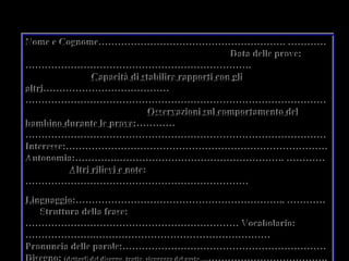 Scheda di sintesi delle Prove
Dati utili per la compilazione del PORTFOLIO
Nome e Cognome…………………………………………………. …………
Data delle prove:
…………………………………………………………….
Capacità di stabilire rapporti con gli
altri…………………………………
…………………………………………………………………………………
Osservazioni sul comportamento del
bambino durante le prove:…………
…………………………………………………………………………………
Interesse:………………………………………………………………………
Autonomia:………….……………………………………………. …………
Altri rilievi e note:
……………………………………………………………
Linguaggio:……………………………………………………….. …………
Struttura della frase:
………………………………………………………… Vocabolario:
………………….………………………………………………
Pronuncia delle parole:………………………………………………………
Disegno: (dettagli del disegno, tratto, sicurezza del gesto….……………………………….
Nome e Cognome…………………………………………………. …………
Data delle prove:
…………………………………………………………….
Capacità di stabilire rapporti con gli
altri…………………………………
…………………………………………………………………………………
Osservazioni sul comportamento del
bambino durante le prove:…………
…………………………………………………………………………………
Interesse:………………………………………………………………………
Autonomia:………….……………………………………………. …………
Altri rilievi e note:
……………………………………………………………
Linguaggio:……………………………………………………….. …………
Struttura della frase:
………………………………………………………… Vocabolario:
………………….………………………………………………
Pronuncia delle parole:………………………………………………………
 