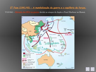 2ª Fase (1941/43) - A mundialização da guerra e o equilíbrio de forças. 7/12/1941 –  Entrada dos EUA na guerra  devido ao ataque do Japão a Pearl Harbour no Hawai. 