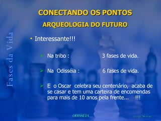 Fases da Vida Interessante!!! Na tribo :  3 fases de vida.  Na  Odisséia :  6 fases de vida. E  o Oscar  celebra seu centenário,  acaba de se casar e tem uma carteira de encomendas para mais de 10 anos pela frente...  !!! CONECTANDO OS PONTOS ARQUEOLOGIA DO FUTURO 