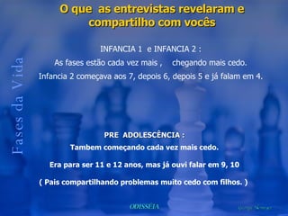 Fases da Vida O que  as entrevistas revelaram e compartilho com vocês INFANCIA 1  e INFANCIA 2 : As fases estão cada vez mais ,  chegando mais cedo. Infancia 2 começava aos 7, depois 6, depois 5 e já falam em 4. PRE  ADOLESCÊNCIA : Tambem começando cada vez mais cedo. Era para ser 11 e 12 anos, mas já ouvi falar em 9, 10 ( Pais compartilhando problemas muito cedo com filhos. )  
