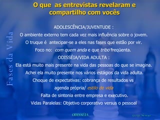 Fases da Vida O que  as entrevistas revelaram e compartilho com vocês ADOLESCÊNCIA/JUVENTUDE : O ambiente externo tem cada vez mais influência sobre o jovem. O truque é  antecipar-se a eles nas fases que estão por vir. Foco no:  com quem anda  e que  tribo  freqüenta.  ODISSÉIA/VIDA ADULTA : Ela está muito mais presente na vida das pessoas do que se imagina. Achei ela muito presente nos vários estágios da vida adulta. Choque de expectativas: cobrança de resultados vs  agenda própria/  estilo de vida Falta de sintonia entre empresa e executivo. Vidas Paralelas: Objetivo corporativo versus o pessoal 