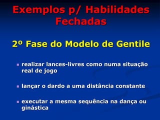 Exemplos p/ Habilidades
Fechadas
2º Fase do Modelo de Gentile
 realizar lances-livres como numa situação
real de jogo
 lançar o dardo a uma distância constante
 executar a mesma sequência na dança ou
ginástica
 