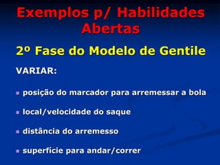 VARIAR:
 posição do marcador para arremessar a bola
 local/velocidade do saque
 distância do arremesso
 superfície para andar/correr
Exemplos p/ Habilidades
Abertas
2º Fase do Modelo de Gentile
 