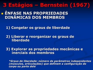 3 Estágios – Bernstein (1967)
 ÊNFASE NAS PROPRIEDADES
DINÂMICAS DOS MEMBROS
1) Congelar os graus de liberdade
2) Liberar e reorganizar os graus de
liberdade
3) Explorar as propriedades mecânicas e
inerciais dos membros
*Graus de liberdade: número de parâmetros independentes
(músculos, articulações) que definem a configuração do
corpo ou parte dele
 