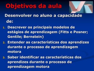 Objetivos da aula
Desenvolver no aluno a capacidade
de:
1. Descrever os principais modelos de
estágios de aprendizagem (Fitts e Posner;
Gentile; Bernstein)
2. Entender as características dos aprendizes
durante o processo de aprendizagem
motora
3. Saber identificar as características dos
aprendizes durante o processo de
aprendizagem motora
 