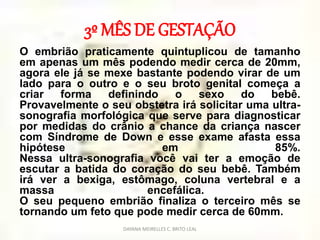 3º MÊS DE GESTAÇÃO
O embrião praticamente quintuplicou de tamanho
em apenas um mês podendo medir cerca de 20mm,
agora ele já se mexe bastante podendo virar de um
lado para o outro e o seu broto genital começa a
criar forma definindo o sexo do bebê.
Provavelmente o seu obstetra irá solicitar uma ultra-
sonografia morfológica que serve para diagnosticar
por medidas do crânio a chance da criança nascer
com Síndrome de Down e esse exame afasta essa
hipótese em 85%.
Nessa ultra-sonografia você vai ter a emoção de
escutar a batida do coração do seu bebê. Também
irá ver a bexiga, estômago, coluna vertebral e a
massa encefálica.
O seu pequeno embrião finaliza o terceiro mês se
tornando um feto que pode medir cerca de 60mm.
DAYANA MEIRELLES C. BRITO LEAL
 