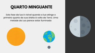 QUARTO MINGUANTE
Esta fase da lua é visível quando a lua atinge o
primeiro quarto da sua órbita à volta da Terra. Uma
metade da Lua parece estar iluminada
 