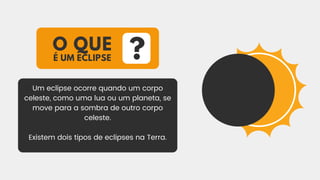 O QUE
Um eclipse ocorre quando um corpo
celeste, como uma lua ou um planeta, se
move para a sombra de outro corpo
celeste.
Existem dois tipos de eclipses na Terra.
É UM ECLIPSE ?
 