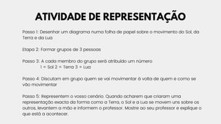 ATIVIDADE DE REPRESENTAÇÃO
Passo 1: Desenhar um diagrama numa folha de papel sobre o movimento do Sol, da
Terra e da Lua
Etapa 2: Formar grupos de 3 pessoas
Passo 3: A cada membro do grupo será atribuído um número
1 = Sol 2 = Terra 3 = Lua
Passo 4: Discutam em grupo quem se vai movimentar à volta de quem e como se
vão movimentar
Passo 5: Representem o vosso cenário. Quando acharem que criaram uma
representação exacta da forma como a Terra, o Sol e a Lua se movem uns sobre os
outros, levantem a mão e informem o professor. Mostre ao seu professor e explique o
que está a acontecer.
 