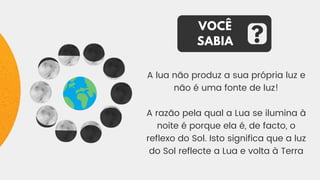 A lua não produz a sua própria luz e
não é uma fonte de luz!
A razão pela qual a Lua se ilumina à
noite é porque ela é, de facto, o
reflexo do Sol. Isto significa que a luz
do Sol reflecte a Lua e volta à Terra
VOCÊ
SABIA ?
 