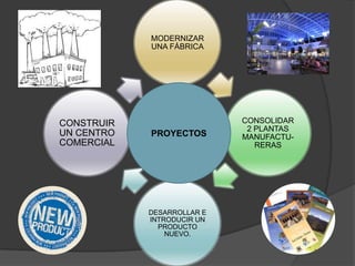MODERNIZAR
            UNA FÁBRICA




CONSTRUIR                   CONSOLIDAR
                             2 PLANTAS
UN CENTRO   PROYECTOS       MANUFACTU-
COMERCIAL                      RERAS




            DESARROLLAR E
            INTRODUCIR UN
              PRODUCTO
                NUEVO.
 