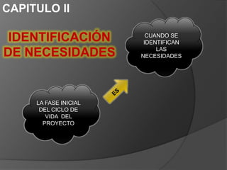 CAPITULO II

 IDENTIFICACIÓN          CUANDO SE
                        IDENTIFICAN
                            LAS
DE NECESIDADES         NECESIDADES




     LA FASE INICIAL
      DEL CICLO DE
        VIDA DEL
       PROYECTO
 