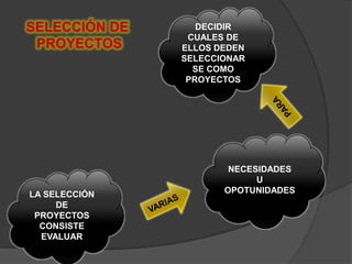 SELECCIÓN DE      DECIDIR
                CUALES DE
 PROYECTOS     ELLOS DEDEN
               SELECCIONAR
                 SE COMO
                PROYECTOS




                       NECESIDADES
                            U
LA SELECCIÓN          OPOTUNIDADES
     DE
 PROYECTOS
  CONSISTE
  EVALUAR
 