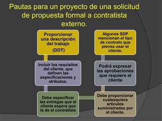 Pautas para un proyecto de una solicitud
   de propuesta formal a contratista
               externo.
          Proporcionar             Algunos SDP
         una descripción         mencionan el tipo
           del trabajo            de contrato que
                                   piensa usar el
              (DDT)                   cliente.


        Incluir los requisitos    Podrá expresar
           del cliente, que      las aprobaciones
             definen las
         especificaciones y       que requiere el
              atributos.              cliente


                                 Debe proporcionar
           Debe especificar
                                   cualesquiera
         las entregas que el
                                     artículos
          cliente espera que
                                 suministrados por
         le de el contratista
                                     el cliente.
 