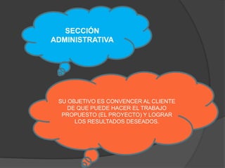 SECCIÓN
ADMINISTRATIVA




 SU OBJETIVO ES CONVENCER AL CLIENTE
    DE QUE PUEDE HACER EL TRABAJO
  PROPUESTO (EL PROYECTO) Y LOGRAR
      LOS RESULTADOS DESEADOS.
 