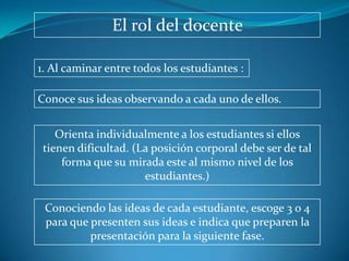 El rol del docente

1. Al caminar entre todos los estudiantes :

Conoce sus ideas observando a cada uno de ellos.


    Orienta individualmente a los estudiantes si ellos
 tienen dificultad. (La posición corporal debe ser de tal
     forma que su mirada este al mismo nivel de los
                      estudiantes.)

 Conociendo las ideas de cada estudiante, escoge 3 o 4
 para que presenten sus ideas e indica que preparen la
          presentación para la siguiente fase.
 