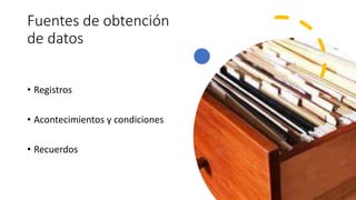 Fuentes de obtención
de datos
• Registros
• Acontecimientos y condiciones
• Recuerdos
 