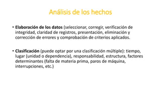 Análisis de los hechos
• Elaboración de los datos (seleccionar, corregir, verificación de
integridad, claridad de registros, presentación, eliminación y
corrección de errores y comprobación de criterios aplicados.
• Clasificación (puede optar por una clasificación múltiple): tiempo,
lugar (unidad o dependencia), responsabilidad, estructura, factores
determinantes (falta de materia prima, paros de máquina,
interrupciones, etc.)
 