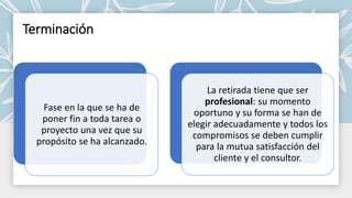 Terminación
Fase en la que se ha de
poner fin a toda tarea o
proyecto una vez que su
propósito se ha alcanzado.
La retirada tiene que ser
profesional: su momento
oportuno y su forma se han de
elegir adecuadamente y todos los
compromisos se deben cumplir
para la mutua satisfacción del
cliente y el consultor.
 