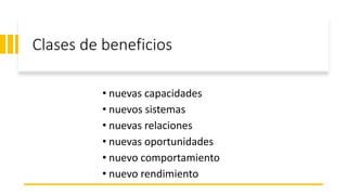 Clases de beneficios
• nuevas capacidades
• nuevos sistemas
• nuevas relaciones
• nuevas oportunidades
• nuevo comportamiento
• nuevo rendimiento
 