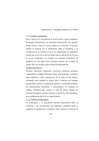 45
Modificado de: Hernández Sampieri et al. (2003)
3.7.1 Estudios exploratorios.
Son el inicio de la investigación de temas nuevos o poco estudiados.
Sirven para familiarizarse con fenómenos desconocidos. Por ejemplo,
buscar colirios a base de miel de abejas en el mercado. El proceso
implica el contacto con la información sobre su existencia, y la
verificación de su existencia con el uso especificado. Es importante
resaltar que el uso de la miel de abejas para su aplicación en los ojos
es un uso inesperado si se compara con cualquier formulación de
pastelería. En esta etapa ocurre el primer contacto con el objeto de
estudio, del cual existen escasas referencias bibliográficas.
Estudios descriptivos.
Permiten caracterizar situaciones, reacciones, productos, personas,
comunidades o cualquier fenómeno según sus propiedades o atributos,
tanto cualitativos como cuantitativos. Es la etapa de los análisis.
Utilizando como ejemplo las mieles, éstas se analizan con métodos
que permitan evaluar su composición química, su actividad biológica,
sus observaciones sensoriales y microscópicas. El conjunto de
atributos utilizados para conocer la miel de abejas, además de
describir el producto, permiten predecir su potencial como indicadores
de la calidad de la miel y de su origen botánico.
3.7.2 Estudios correlacionales.
La exploración y la descripción proveen información sobre la
existencia y las características del fenómeno estudiado, hasta la
sugerencia de predicciones incipientes. Para continuar el proceso de
 