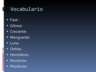 Vocabulario Fase : Gibosa: Creciente: Menguante: Luna: Orbita: Hemisferio: Novilunio: Plenilunio: 
