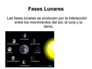 Fases Lunares
Las fases lunares se producen por la interacción
     entre los movimientos del sol, la luna y la
                      tierra.
 