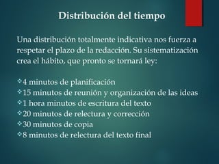 Distribución del tiempo
 
Una distribución totalmente indicativa nos fuerza a
respetar el plazo de la redacción. Su sistematización
crea el hábito, que pronto se tornará ley:
 
4 minutos de planificación
15 minutos de reunión y organización de las ideas
1 hora minutos de escritura del texto
20 minutos de relectura y corrección
30 minutos de copia
8 minutos de relectura del texto final
 