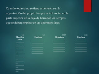 Cuando todavía no se tiene experiencia en la
organización del propio tiempo, es útil anotar en la
parte superior de la hoja de borrador los tiempos
que se deben emplear en las diferentes fases.
9:00
Planifica
ción
__________
___
__________
___
__________
___
__________
___
__________
___
__________
___
__________
___
__________
___
9:25
Escritura
______________
______________
______________
______________
______________
______________
______________
______________
10:45
Relectura
______________
______________
______________
______________
______________
______________
______________
11:20
Escritura
______________
______________
______________
______________
______________
______________
______________
 