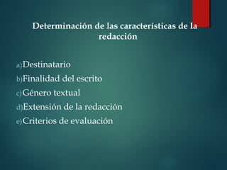 Determinación de las características de la
redacción
a)Destinatario
b)Finalidad del escrito
c)Género textual
d)Extensión de la redacción
e)Criterios de evaluación
 