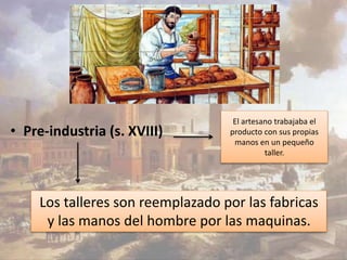 • Pre-industria (s. XVIII) 
El artesano trabajaba el 
producto con sus propias 
manos en un pequeño 
taller. 
Los talleres son reemplazado por las fabricas 
y las manos del hombre por las maquinas. 
 
