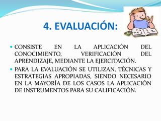 4. EVALUACIÓN:
 CONSISTE EN LA APLICACIÓN DEL
CONOCIMIENTO, VERIFICACIÓN DEL
APRENDIZAJE, MEDIANTE LA EJERCITACIÓN.
 PARA LA EVALUACIÓN SE UTILIZAN, TÉCNICAS Y
ESTRATEGIAS APROPIADAS, SIENDO NECESARIO
EN LA MAYORÍA DE LOS CASOS LA APLICACIÓN
DE INSTRUMENTOS PARA SU CALIFICACIÓN.
 