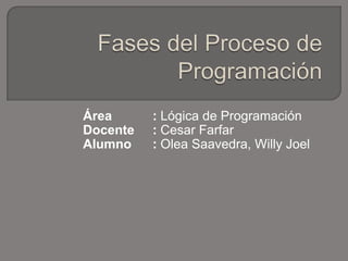 Área : Lógica de Programación
Docente : Cesar Farfar
Alumno : Olea Saavedra, Willy Joel
 