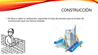 CONSTRUCCIÓN
• Se lleva a cabo su realización, siguiendo la hoja de proceso que es el plan de
construcción que nos hemos trazado
 